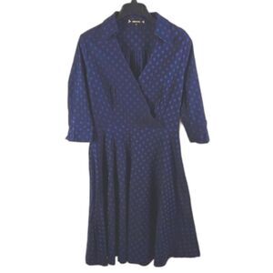Miusol Navy Blue Polka Dot Flared Wrap A-Line Midi Dress Sz L Cottagecore